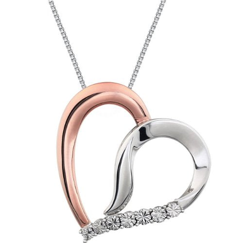 Diamond Heart Sterling Silver and Rose Gold Plate Necklace, 18" (GHI Color, I3 Clarity, 1/10 Cttw)