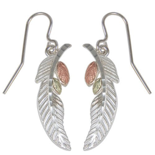 Feather and Leaf Earrings Sterling Silver, 12k Green and Rose Gold Black Hills Gold Motif