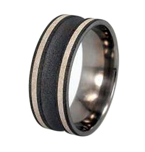 Scoop Profile, Sterling Silver Pinstripes 9mm Comfort Fit Sandblasted Titanium Wedding Band