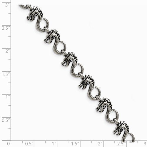 Men's Polished Stainless Steel Antiqued Dragon Bracelet, 7.5"