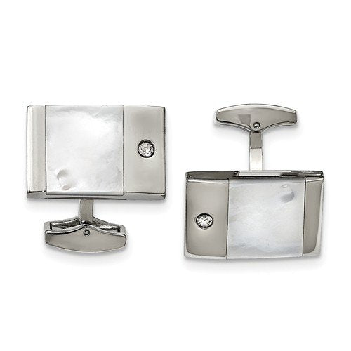 Stainless Steel Polished Mother Of Pearl Cubic Zirconia Round Cuff Links