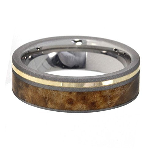 Black Ash Burl Wood, 14k Yellow Gold 5.5mm Comfort Fit Sandblasted Titanium Band