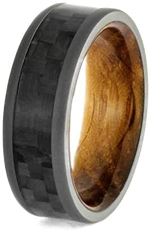 Carbon Fiber, Sandblasted Titanium 7mm Comfort-Fit Whiskey Oak Wedding Ring, Size 5.25