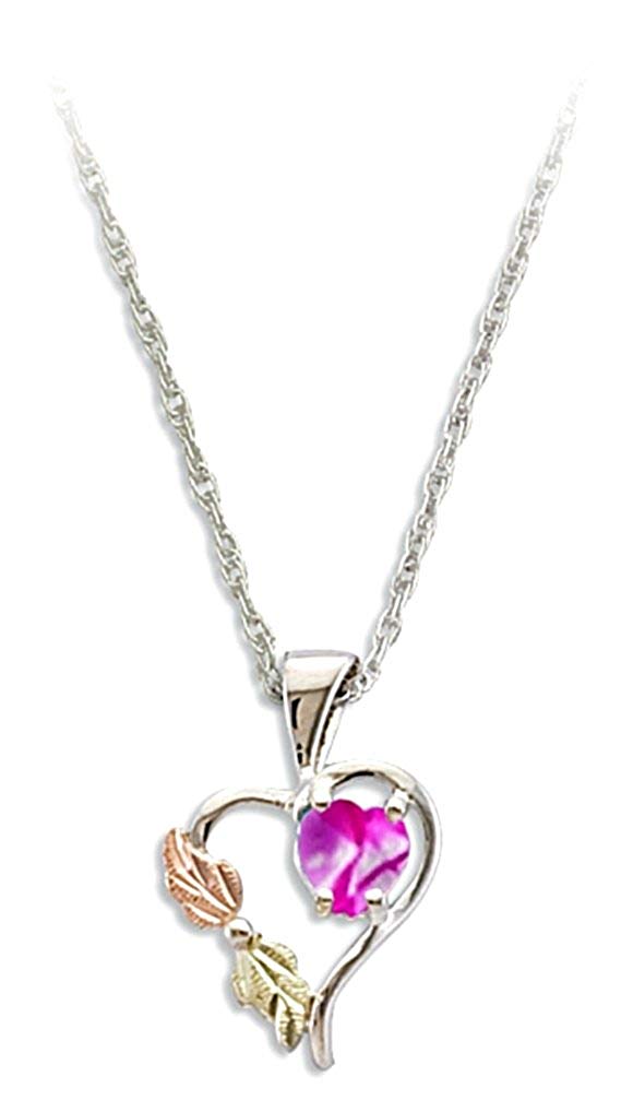 Pink CZ October Birthstone Heart Pendant Necklace, Sterling Silver, 12k Green and Rose Gold Black Hills Gold Motif, 18"