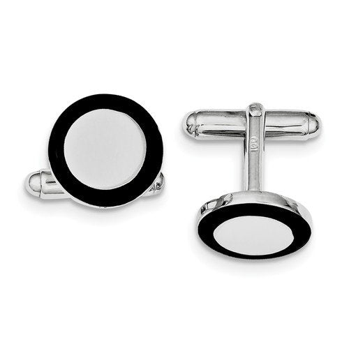 Rhodium-Plated Sterling Silver and Black Enamel Round Cuff Links, 15MM