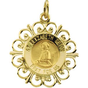 Rhodium Plated 14k Yellow Gold Round St. Elizabeth Seton Medal (18.5 MM)