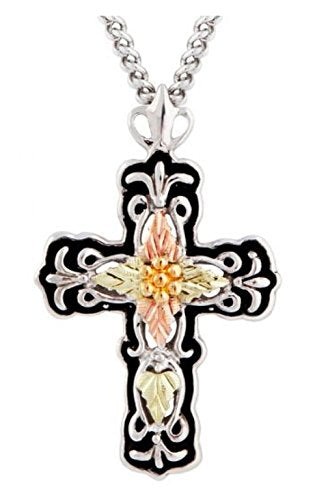 Antiqued Cross Pendant Necklace, Sterling Silver, 12k Green and Rose Gold Black Hills Gold Motif, 18''