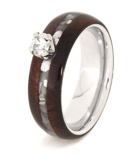 Diamond Solitaire, Mother of Pearl, Honduran Rosewood, Titanium 6.5mm Comfort-Fit Engagement Ring