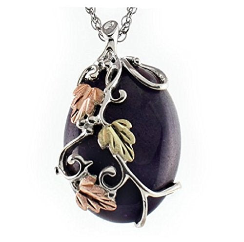 Purple Jade Pendant Necklace, Sterling Silver, 12k Green and Rose Gold Black Hills Gold Motif, 18"