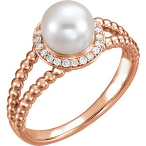 White Freshwater Cultured Pearl Diamond Halo 14k Rose Gold Ring (7-7.5 MM) (1/8 Ctw, Color G-H, Clarity I1), Size 6.5