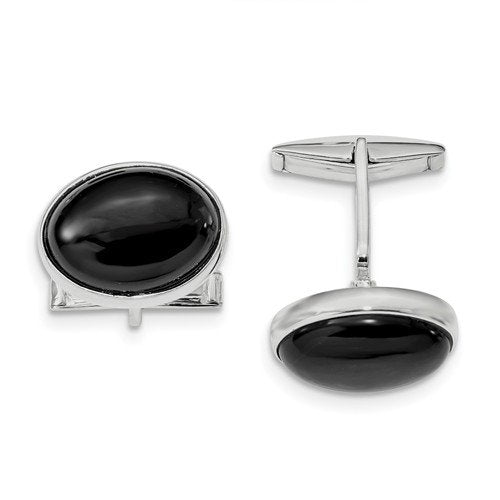 Rhodium-Plated Sterling Silver Cabochon Onyx Round Cuff Links, 28.3X19.5MM