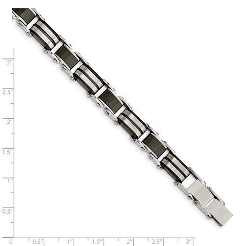 Men's Brushed Stainless Steel Black Ceramic Link Bracelet, 7.5"