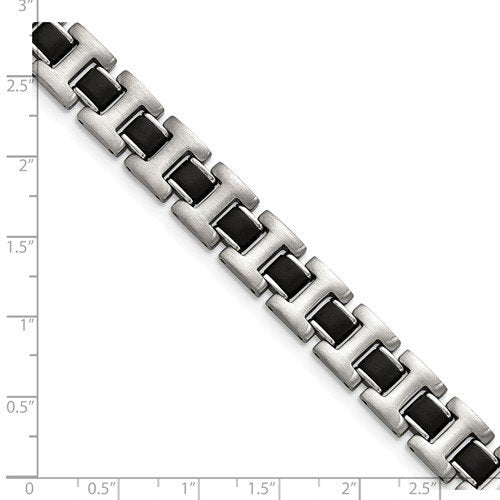 Men's Brushed Stainless Steel 11mm Black Rubber Link Bracelet, 8.5"