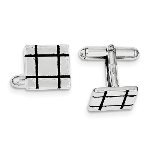 Rhodium-Plated Sterling Silver Black Enamel Groove Square Cuff Links, 14MM