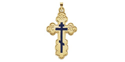 Orthodox Cross with Blue Enamel 14k Yellow Gold Pendant