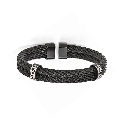 Men's Cobblestone Collection Black Titanium 13mm and Sterling Silver Cobblestone Cable Wire Cuff Bracelet, 7"