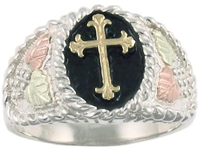 Men's Cross Ring, Sterling Silver, 10k Yellow Gold, 12k Green and Rose Gold Black Hills Gold Motif, Size 12.25