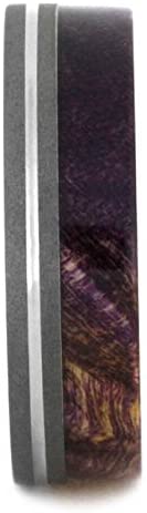 Purple Box Elder Burl Wood, Grooved Pinstripe 6mm Sandblasted Titanium Comfort-Fit Band, Size 8.5