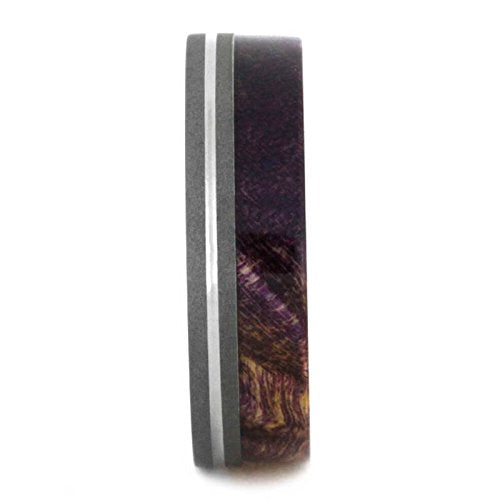 The Men's Jewelry Store (Unisex Jewelry) Purple Box Elder Burl Wood, Grooved Pinstripe 6mm Sandblasted Titanium Comfort-Fit Band