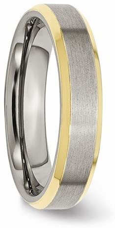 Brushed Grey Titanium, 5mm Yellow IP Beveled Edge Band, Size 10