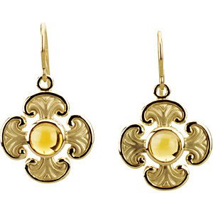 Citrine Cabochon Cross Earrings, 14k Yellow Gold
