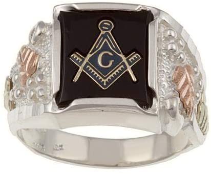 Men's Black Hills Gold Free Mason's Onyx Rhodium Plate Sterling Silver Signet Ring, Size 8
