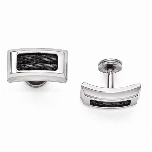 Cable Boulevard Collection Grey Titanium and Black Memory Cable Cuff Links, 12X24MM