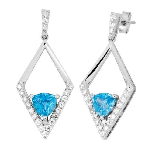 Blue Trillion CZ Silhouette Diamond-Shaped Rhodium Plated Sterling Silver Earrings
