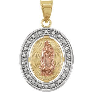 Rhodium-Plated 14k Yellow and Rose Gold Tri-Color Our Lady of Guadalupe Oval Pendant (22.25x17.75 MM)