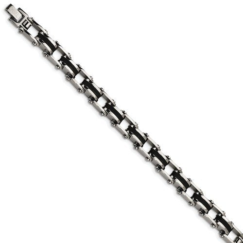 Men's Polished Stainless Steel 10mm Black Rubber Bracelet, 8.75"
