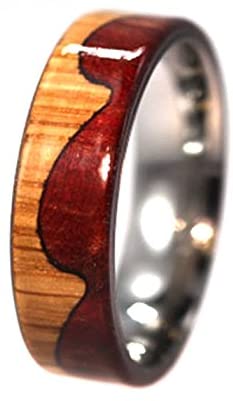 Two Tone Wood Design, Oak, Redwood 7.5mm Comfort Fit Titanium Wave Ring, Size 8.25