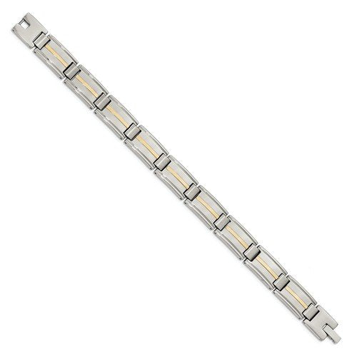 Men's Polished and Brushed Stainless Steel with 14k Yellow Gold Link Bracelet, 8.75"