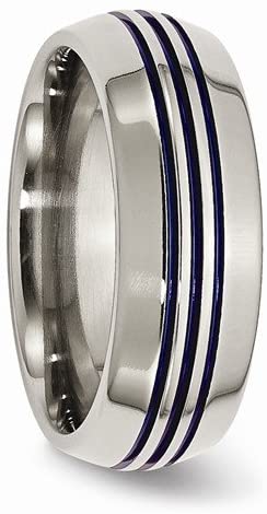 Titanium, Anodized Blue Groove 8mm Comfort-Fit Ring, Size 7.5