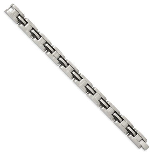 Men's Brushed Stainless Steel 11.7mm Black Polyurethane Link Bracelet, 8.25"