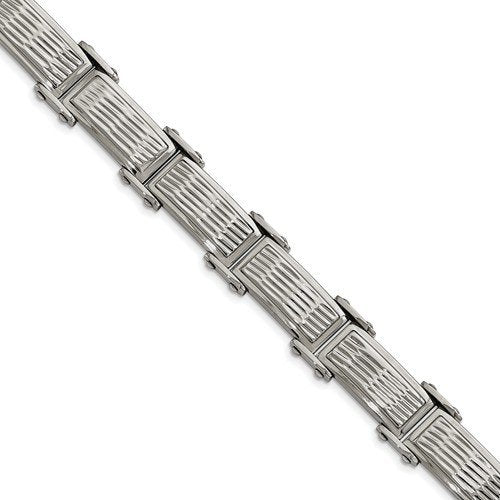 Men's Polished and Brushed Stainless Steel Grooved Textured Link Bracelet, 8.25 "