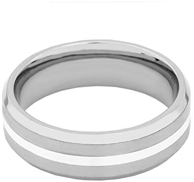 Men's Satin Titanium, Sterling Silver Inlay 7mm Comfort-Fit Band, Size 11.75