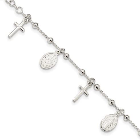 Sterling Silver Cross and Miraculous Medal Adjustable Charm Bracelet, 6"