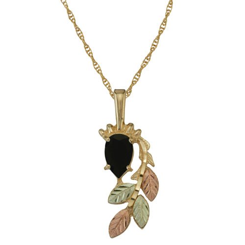 Pear Onyx Pendant Necklace, 10k Yellow Gold, 12k Green and Rose Gold Black Hills Gold Motif, 18''