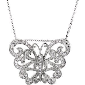 Vintage-Style Butterfly CZ Necklace Rhodium-Plate Sterling Silver Necklace, 18"