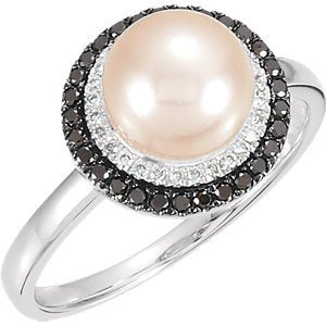 Pinkish-White Freshwater Cultured Pearl, Black and White Diamond Halo Ring, Rhodium-Plated and Black Rhodium-Plated, 14k White Gold (8mm)(0.25 Ctw, Color H-I, Clarity I1)