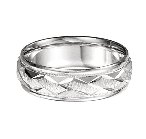 Diamond-Cut Ice Finish Milgrain 7mm 10k White Gold Comfort Fit Patterned Band, Size 9.5