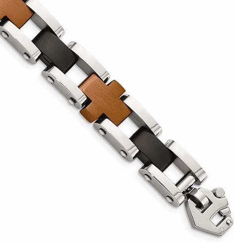 Men's Brushed Stainless Steel 12mm Brown and Black IP Bracelet, 8.75 Inches