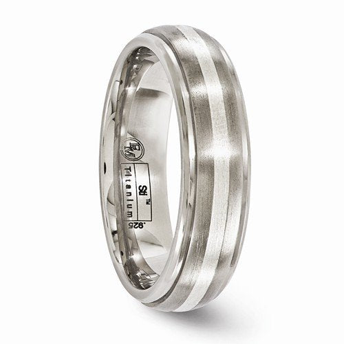 Silver Inlay Collection Brushed and Polished Titanium, Argentium Silver 6mm Band