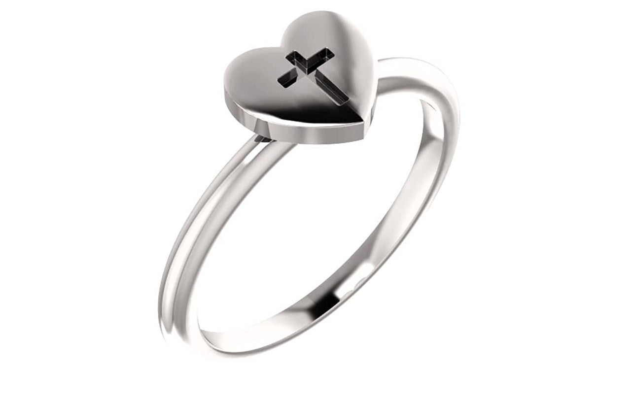 Platinum Heart with Cross Slim Profile Ring, Size 4.75