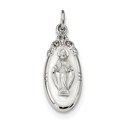 Sterling Silver White Epoxy And Crystal Miraculous Medal Pendant (25X10.5MM)
