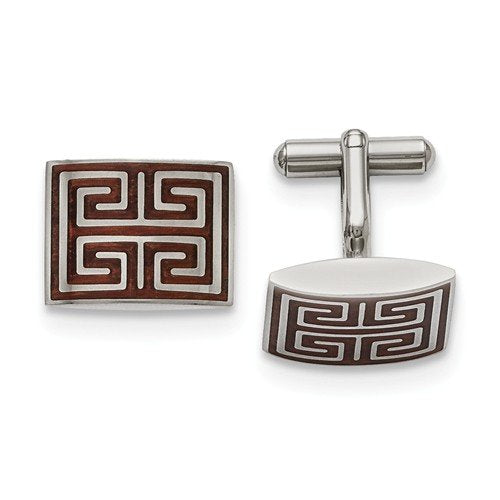 Stainless Steel Polished Wood Inlay Rectangle Cuff Links