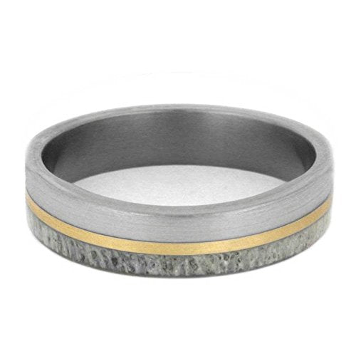 Deer Antler, 14k Yellow Gold 6mm Comfort-Fit Brushed Titanium Wedding Ring, Size 12.5