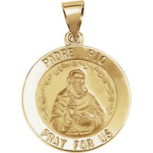 14k Yellow Gold Round Hollow Padre Pio Medal (18.75 MM)