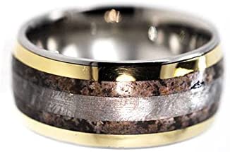 Dinosaur Bone, 14k Yellow Gold Pinstripe, Gibeon Meteorite 11mm Comfort Fit Titanium Wedding Band, Size 4.5