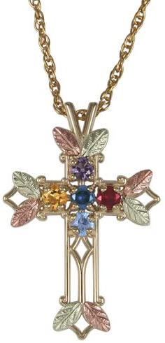 Amethyst, Sapphire, Aquamarine, Citrine and Garnet Pointed Cross Pendant Necklace, 10k Yellow Gold, 12k Green and Rose Gold Black Hills Gold Motif, 18"